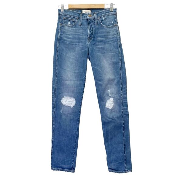 Madewell Slim Straight Jeans: Knee-Rip Edition in Forster Wash Size 27 Tall | 4T - Picture 2 of 14